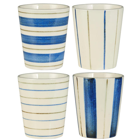 Ib Laursen Becher Steingut Nordby mit Streifen 4er Set - Weingärtners Genusshandwerk