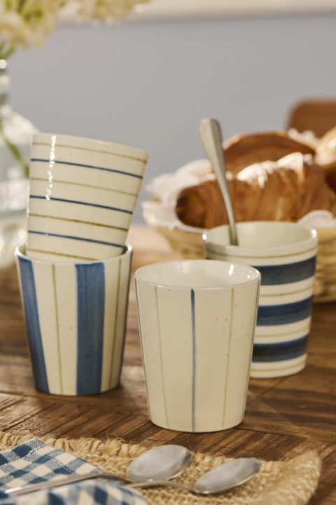 Ib Laursen Becher Steingut Nordby mit Streifen 4er Set - Weingärtners Genusshandwerk