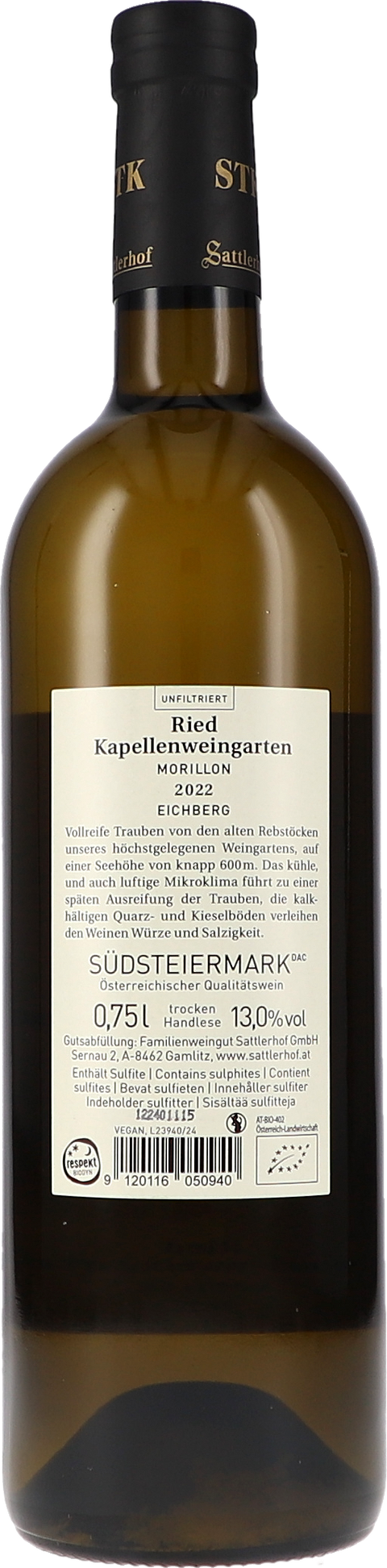 Sattlerhof Ried Kapellenweingarten Morillon DAC 2022 BIO Rücketikett