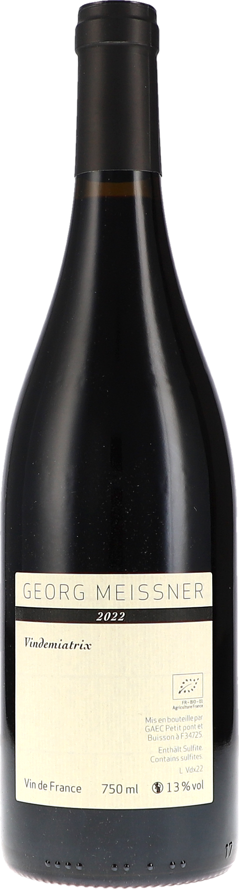 Weinflasche Georg Meissner Vindemiatrix VdF BIO, Rotwein aus dem Languedoc-Roussillon
