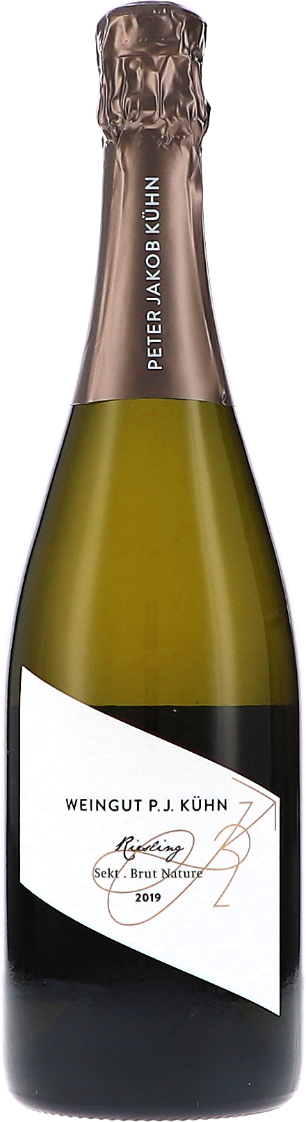 Weinflasche Peter Jakob Kühn Riesling Sekt Brut Nature, traditionelle Flaschengärung, Schaumwein aus dem Rheingau