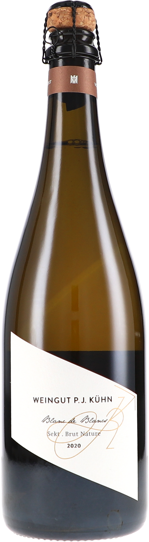 Weinflasche Peter Jakob Kühn Blanc de Blancs, Sekt Brut Nature, Schaumwein aus dem Rheingau