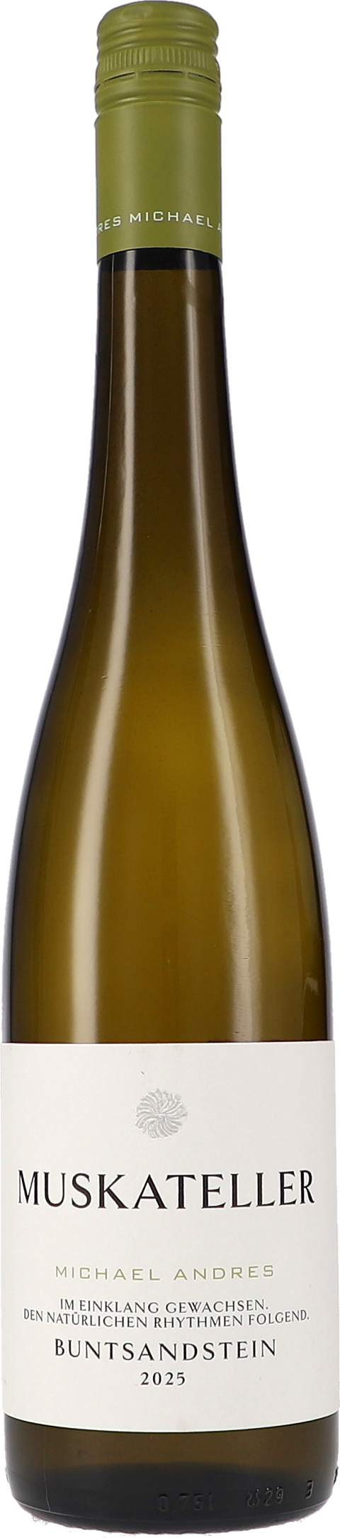 Weinflasche Michael Andres Muskateller, Buntsandstein BIO, Weißwein aus der Pfalz