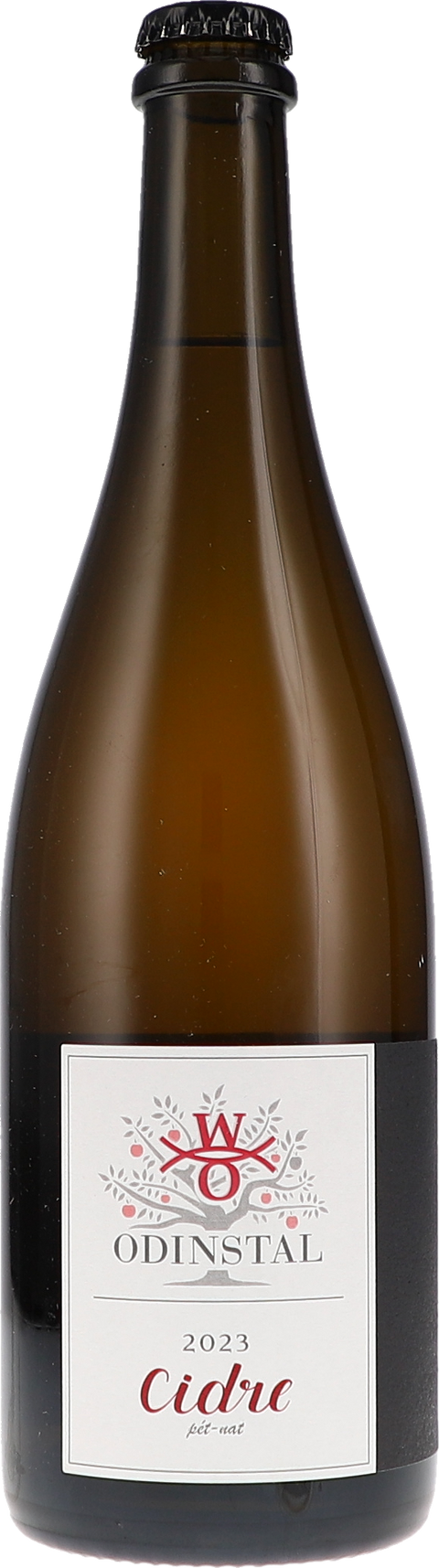 Flasche Odinstal Cidre Pét-nat, Apfelperlwein, mit rotem Sonnen-Etikett