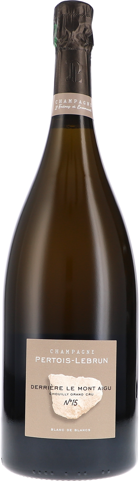 Weinflasche Pertois-Lebrun Derrière le Mont Aigu N°15, Chouilly Grand Cru Blanc de Blancs Extra, Schaumwein aus der Champagne