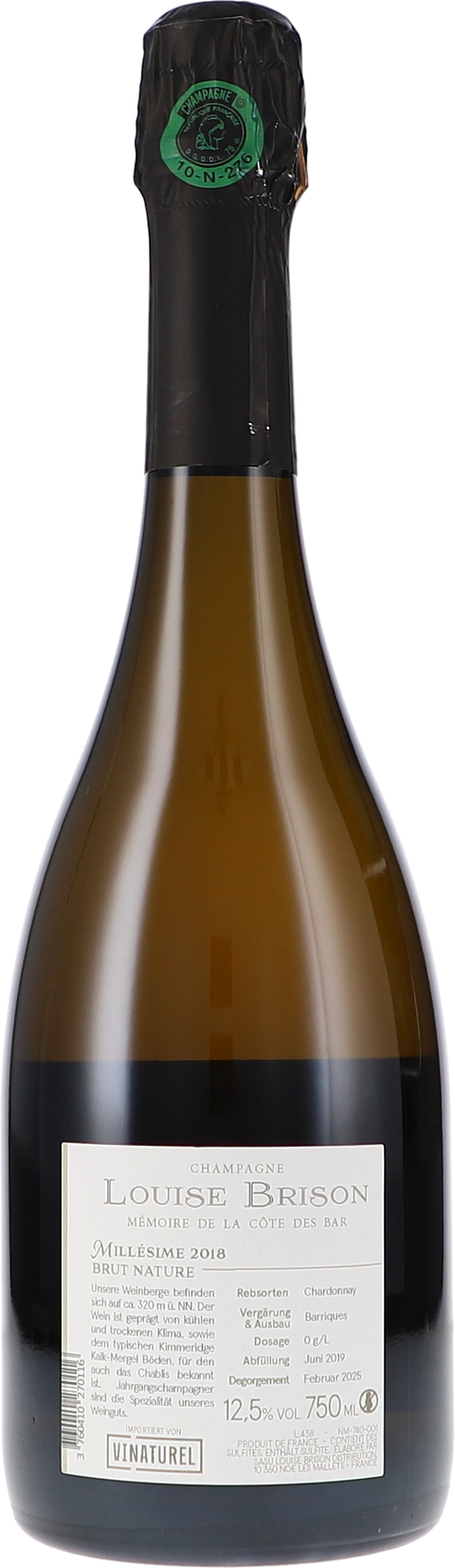 Louise Brison Chardonnay de la Côte des Bar, Brut Nature 2018 Rücketikett