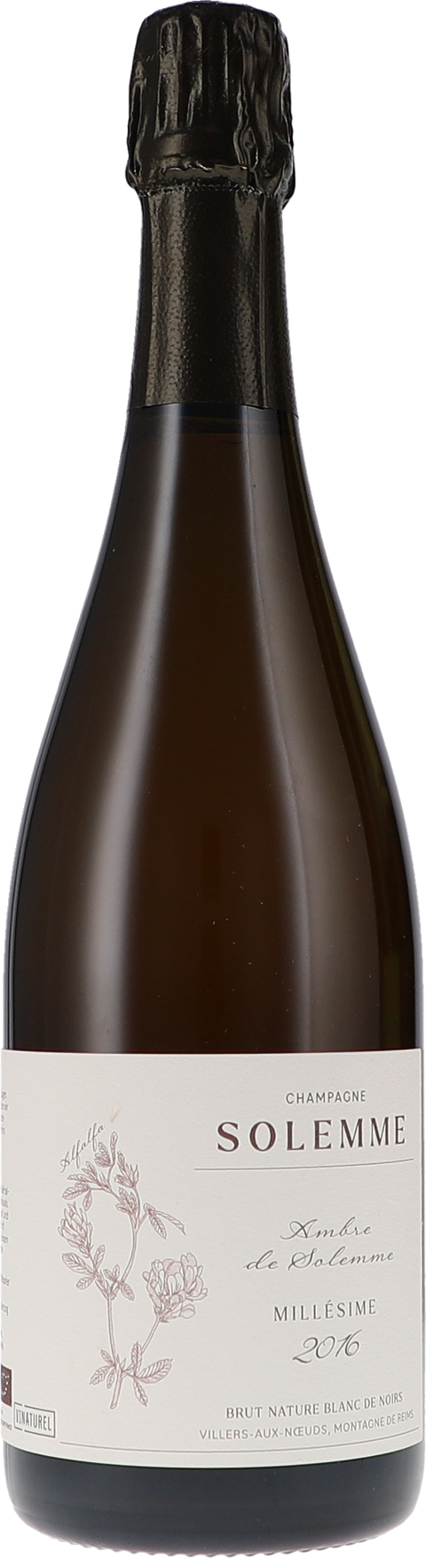 Weinflasche Solemme Ambre de Solemme, Blanc de Noirs, Brut Nature, Millésimé BIO, Schaumwein aus der Champagne