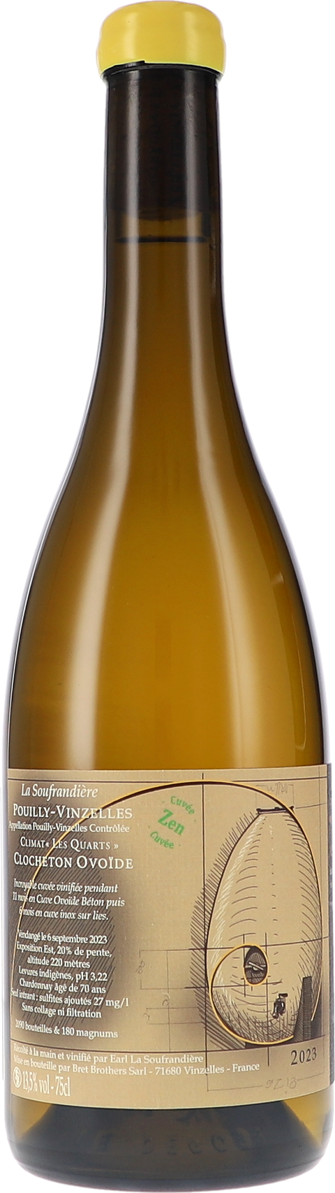 Weinflasche La Soufrandière Pouilly-Vinzelles Climat „Les Quarts“ Clocheton Ovoide Zen AOC BIO, Weißwein aus Burgund