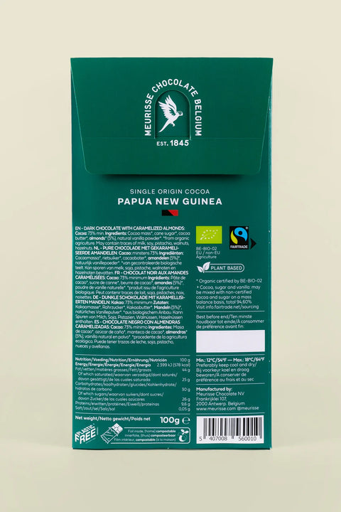 Meurisse dunkle Schokolade mit Karamell-Mandeln, Bio und Fairtrade, 100g, zeigt die Schokoladentafel mit Karamell