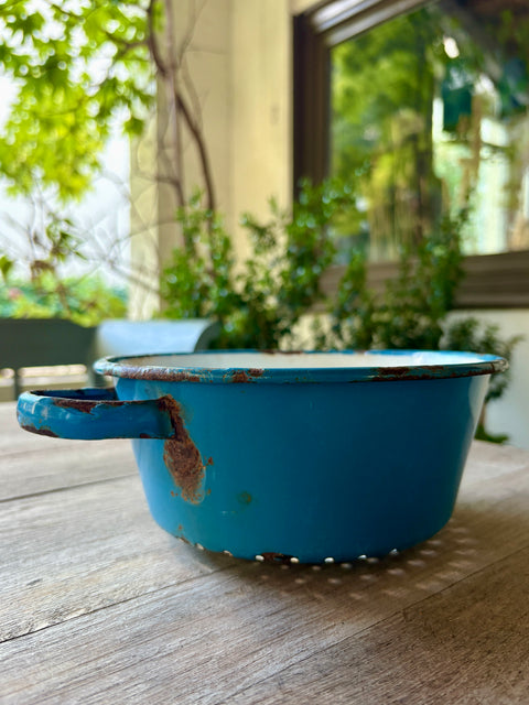 Vintage Emaille Sieb mit Griffen hellblau tief