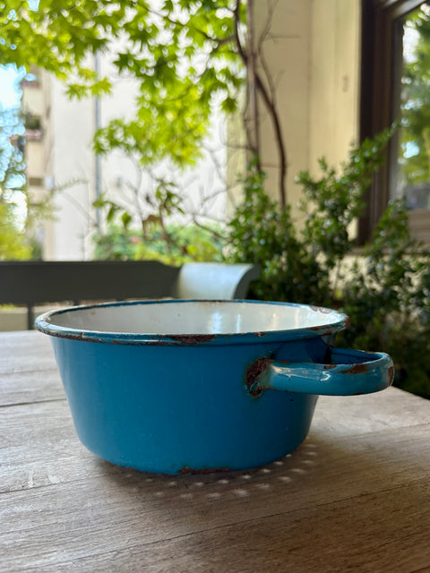 Vintage Emaille Sieb mit Griffen hellblau tief
