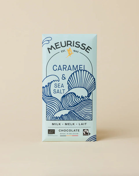 Meurisse Vollmilchschokolade mit Karamell und Meersalz, Bio & Fairtrade, 100g, zeigt die verführerische Schokoladentafel