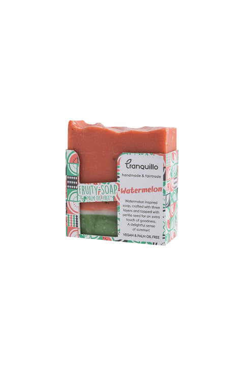 Handgemachte Wassermelonen-Naturseife von Tranquillo, mit frischem Duft und sichtbarer Seifenform auf weißem Hintergrund