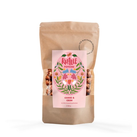 Knalle Popcorn Oster Cookies & Cream, saisonale limitierte 100g Packung mit cremigem Cookies und Sahne Geschmack.