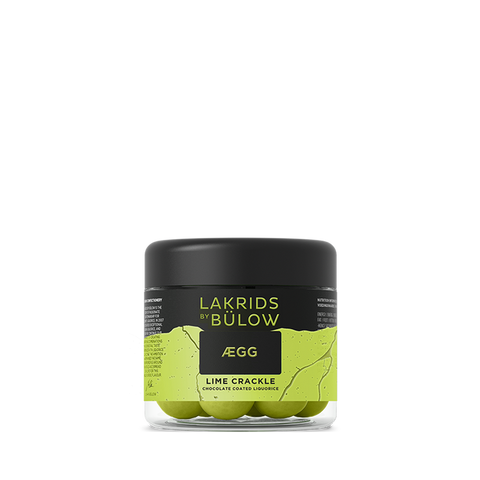 Lakrids by Bülow Lime Crackle Lakritz, kleine Verpackung mit grünen Lakritzstücken und Limettenüberzug, 115 g.
