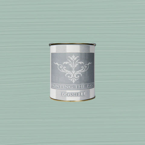 Farbdose Celadon von Painting The Past vor gestrichener Wandfläche