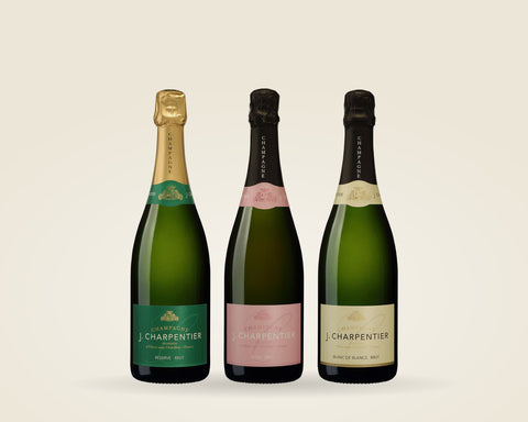 Champagner-Paket: Brut, Rosé und Blanc de Blancs von J. Charpentier nebeneinander