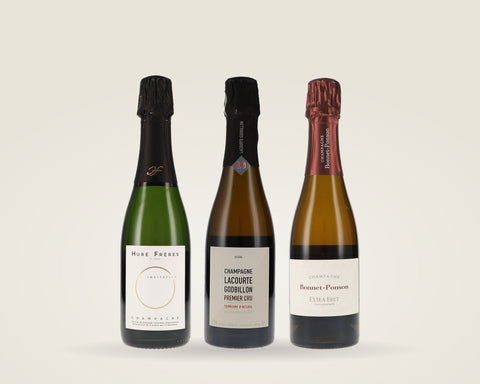 Champagner-Paket halbe Flaschen: Huré Frères, Lacourte-Godbillon und Bonnet-Ponson nebeneinander