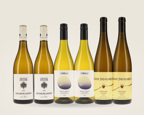 Grauburgunder-Paket: je zwei Flaschen Grauburgunder, Pinot Grigio und Pinot Gris nebeneinander