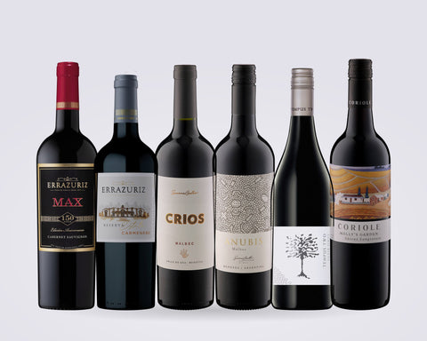 Neue-Welt-Paket: sechs Rotweine aus Chile, Argentinien und Australien nebeneinander