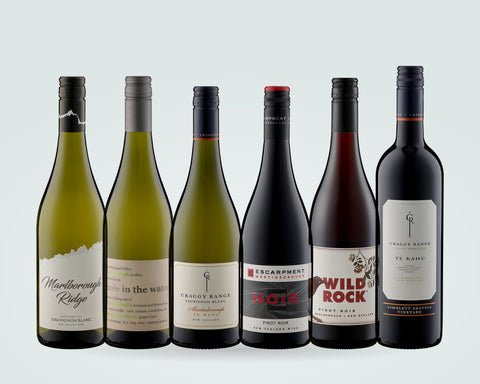 Neuseeland-Paket: drei Sauvignon Blanc und drei Rotweine nebeneinander