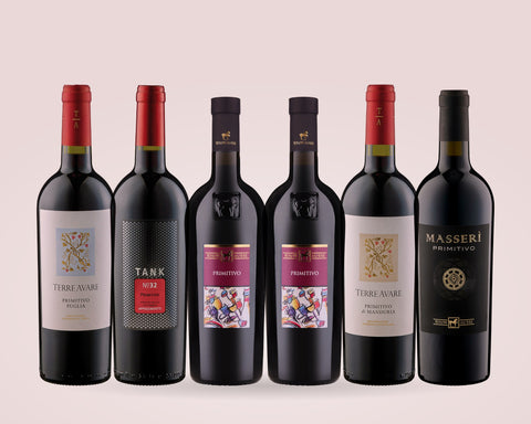 Primitivo-Paket: sechs Flaschen Primitivo aus Apulien und den Abruzzen nebeneinander