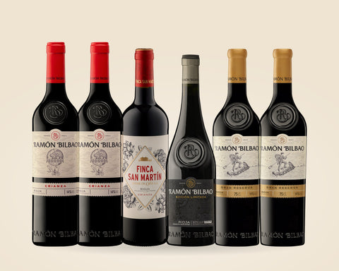 Rioja-Paket: sechs Rotweine aus der Rioja nebeneinander