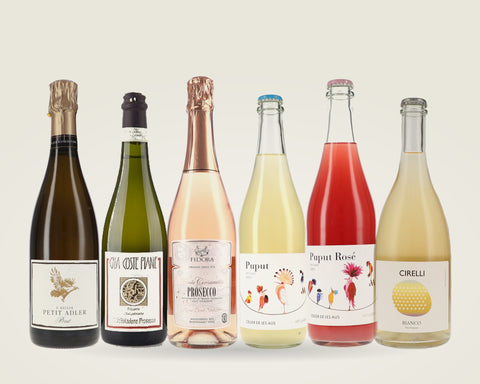 Schaumwein-Paket: Sekt, Prosecco, Pét-Nat und Frizzante, sechs Flaschen nebeneinander