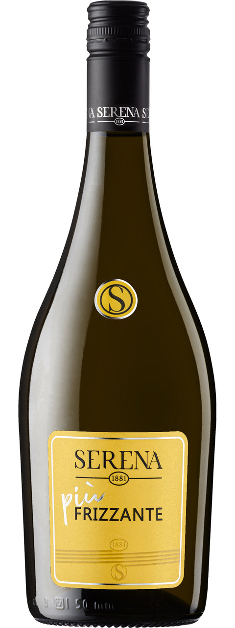 Bunte Flasche Vinicola Serena PIU Frizzante mit frischer, spritziger Bläschenbildung in der Hand gehalten.