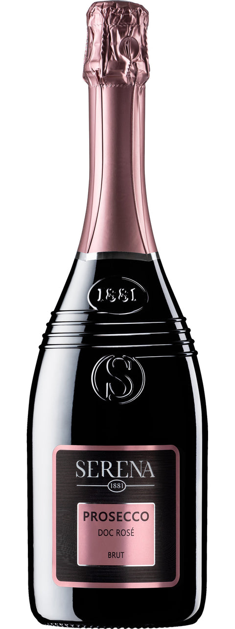 Vinicola Serena Prosecco Treviso Spumante Rosé Brut bottle with pink bubbly in a flute glass on a wooden table.