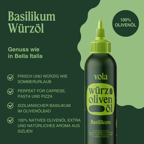 Vola Würz Olivenöl mit Basilikum in 150ml Flasche, edles Speiseöl mit frischem Basilikum, perfekt für Salate und Pasta
