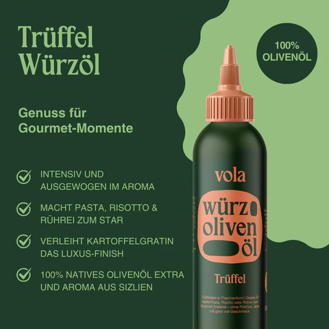 Vola Würz Olivenöl mit Trüffel in 150ml Flasche, hochwertiges Speiseöl mit Trüffelaroma, Nahaufnahme der Flasche.
