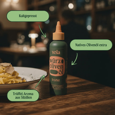 Vola Würz Olivenöl mit Trüffel, 150ml, edles Speiseöl mit aromatischer Trüffelnote, ideal für feine Gerichte.