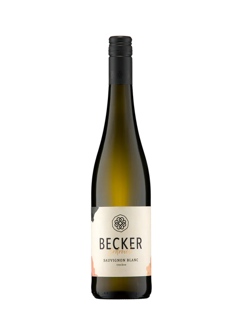 Weißwein Becker Sauvignon Blanc Erdreich 2024 im Weinglas, hellgelbe Farbe, frische Fruchtaromen, elegant und klar.