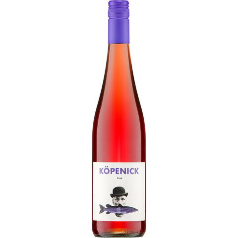 Köpenick Wein Rosé 2024 BIO von Weingut Müller-Oswald, frischer Roséwein mit rosafarbener Flüssigkeit in einer Flasche.