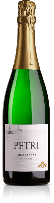 Weißwein Petri Chardonnay Extra Brut vom Weingut Petri, elegante Flasche mit goldenem Etikett, ideal für Weinliebhaber