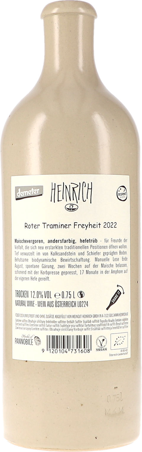 Heinrich Roter Traminer Freyheit 2022 BIO Rücketikett