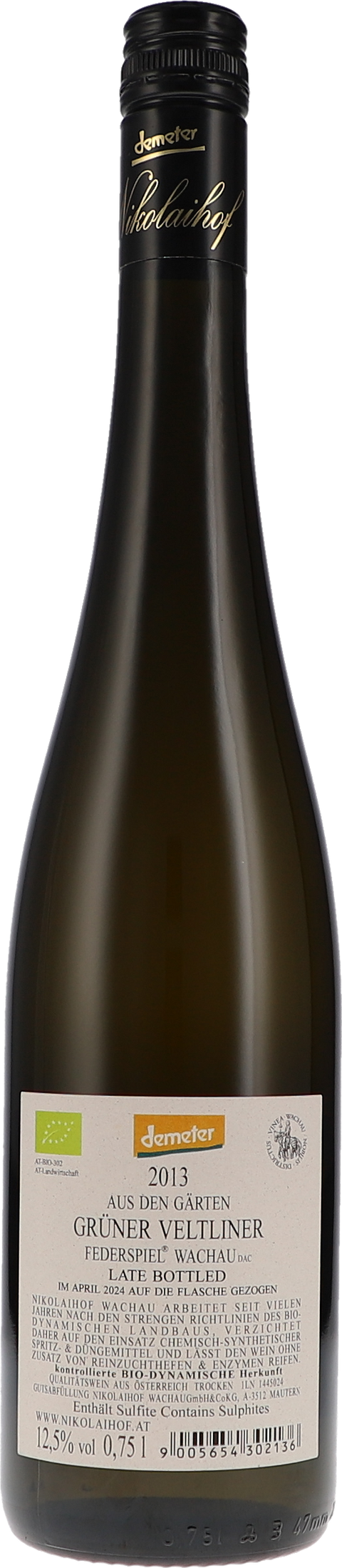 Nikolaihof Aus den Gärten, Grüner Veltliner Federspiel 2013, gefüllt 2024 BIO Rücketikett