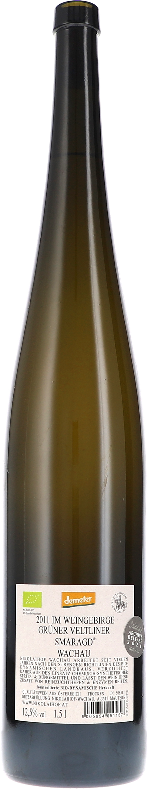 Nikolaihof Im Weingebirge, Grüner Veltliner Smaragd trocken 2011 BIO 1,5L Rücketikett