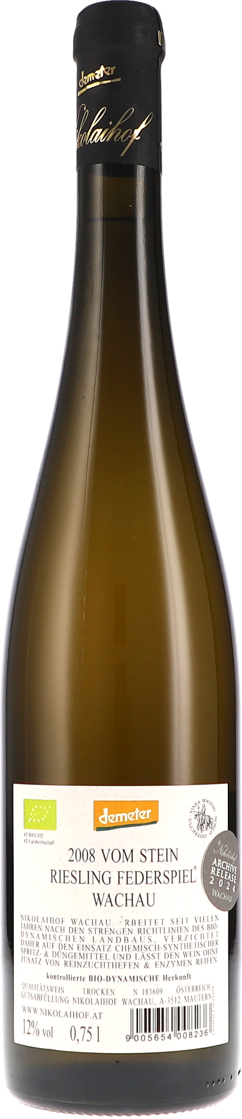 Nikolaihof Vom Stein, Riesling Federspiel trocken 2008 BIO Rücketikett