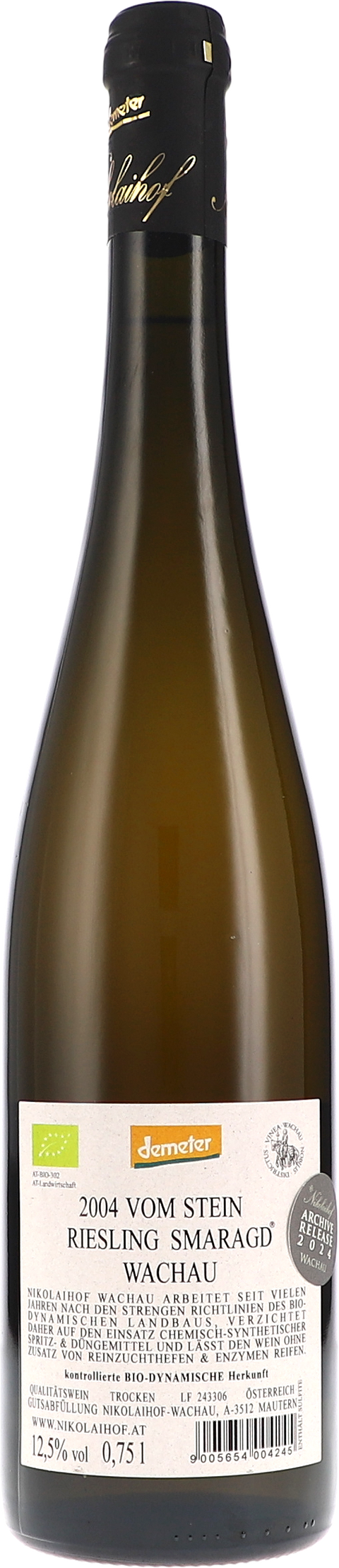 Nikolaihof Vom Stein, Riesling Smaragd trocken 2004 BIO Rücketikett