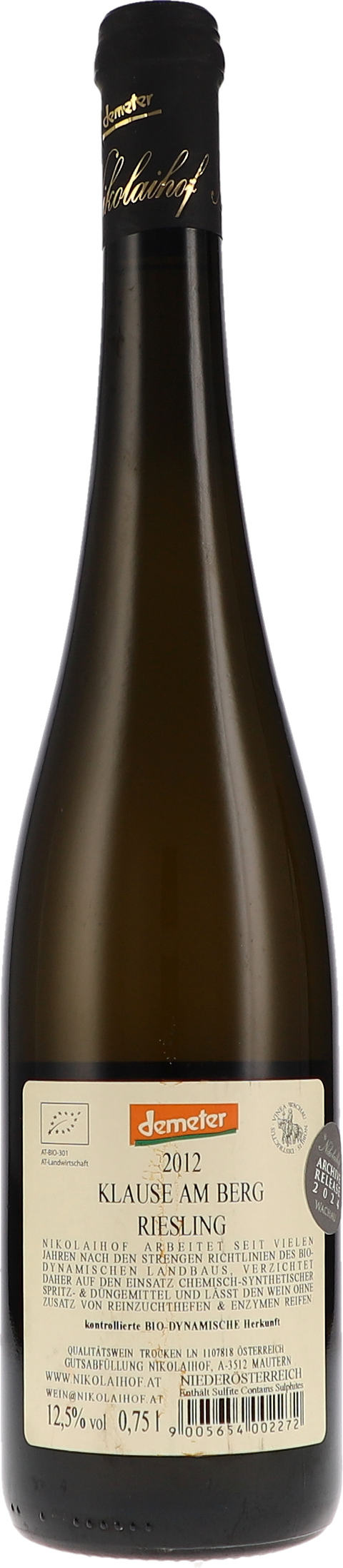 Nikolaihof Klause am Berg, Riesling trocken 2012 BIO Rücketikett