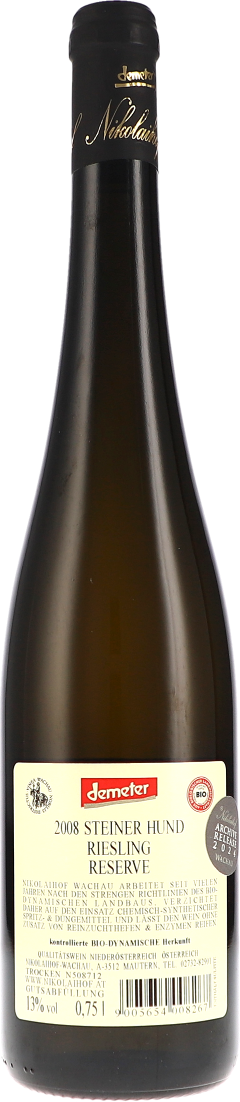 Nikolaihof Steiner Hund, Riesling Reserve 2008 BIO Rücketikett