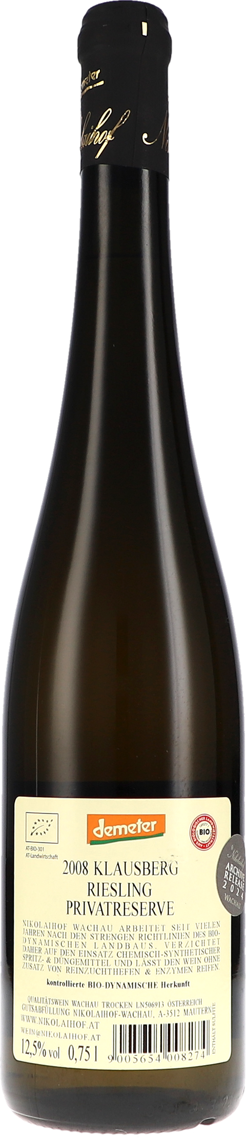 Nikolaihof Klausberg Riesling Privatreserve trocken 2008 BIO Rücketikett