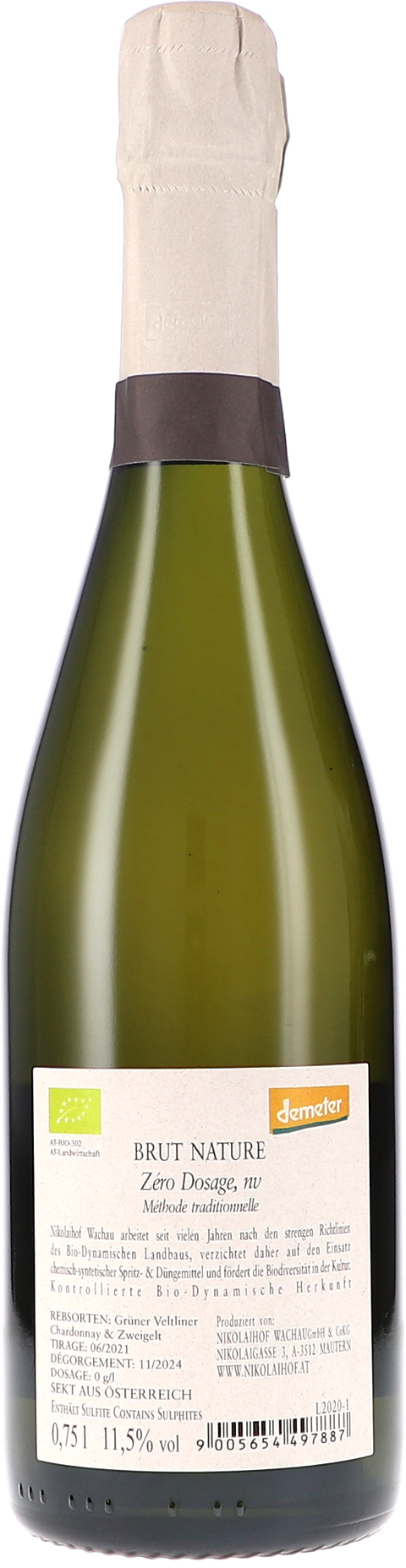 Nikolaihof Brut Nature, Zéro Dosage, Méthode traditionelle BIO Rücketikett