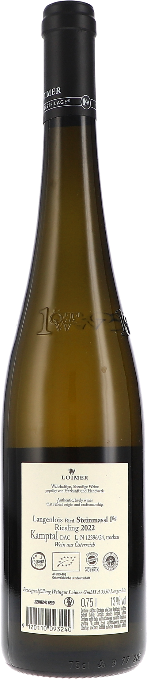 Loimer Ried Steinmassl Riesling 1.ÖTW 2022 BIO Rücketikett