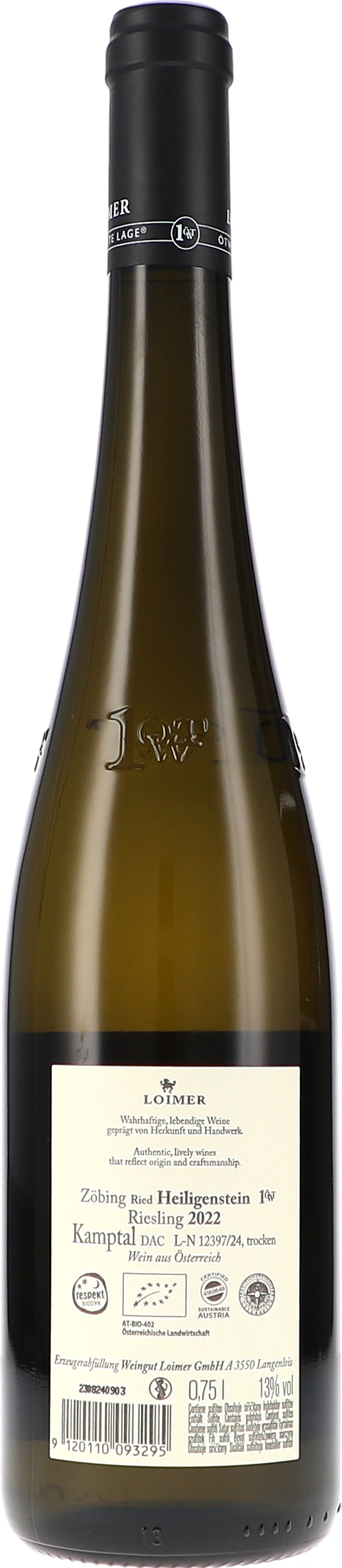Loimer Ried Heiligenstein Riesling 1.ÖTW 2022 BIO Rücketikett