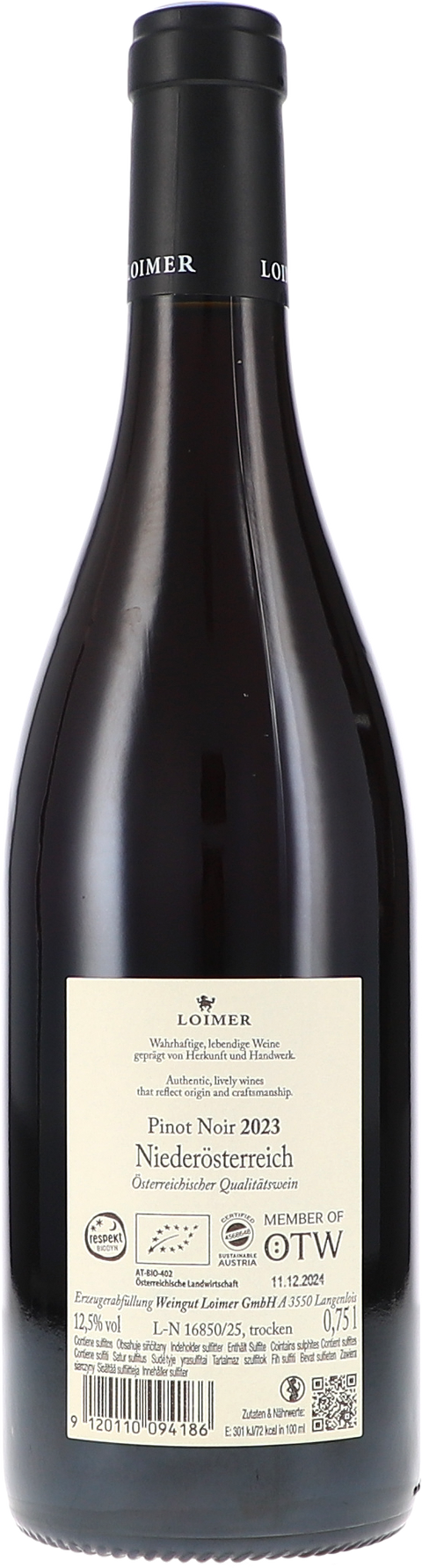 Loimer Pinot Noir 2023 BIO Rücketikett