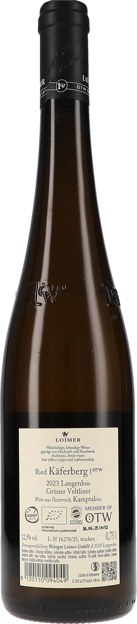 Loimer Ried Käferberg Grüner Veltliner 1.ÖTW DAC 2023 BIO Rücketikett