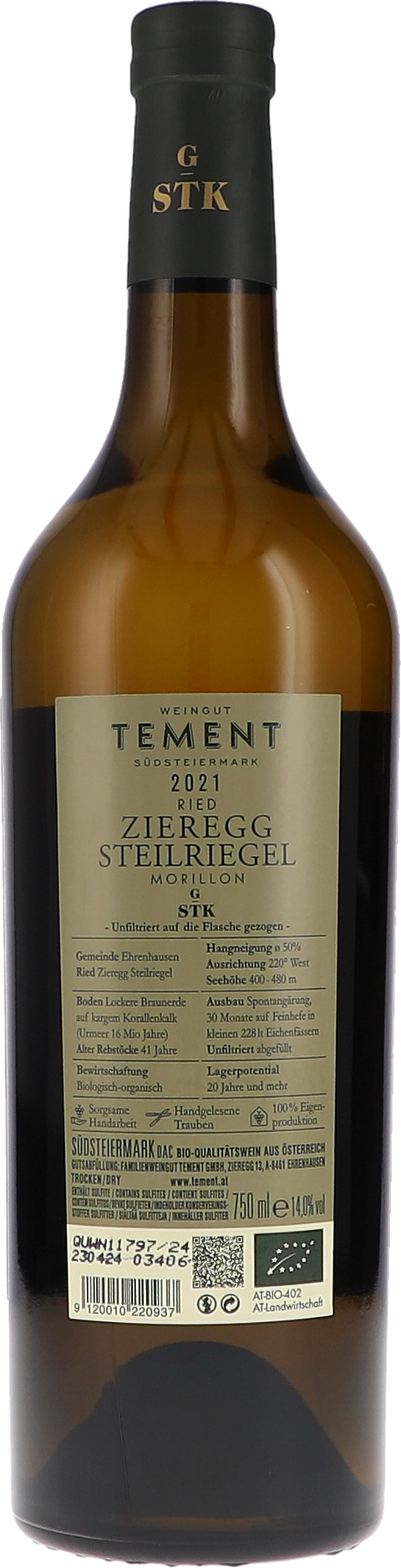 Tement Ried Zieregg Steilriegel Morillon Große STK Lage 2021 BIO Rücketikett
